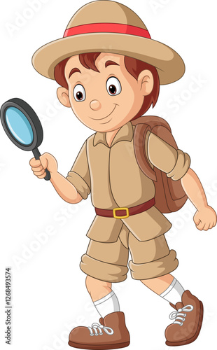 Cartoon explorer kid holding a magnifying glass
