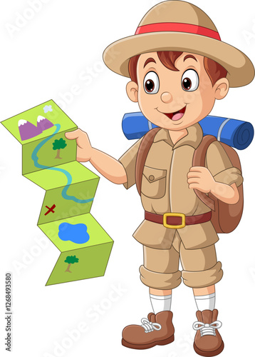 Cartoon an explorer holding a map