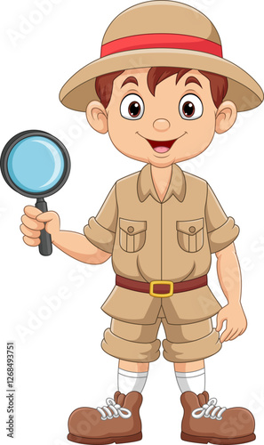 Cartoon explorer kid holding a magnifying glass