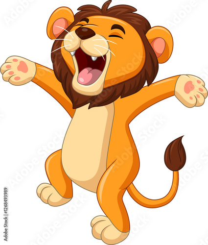 Illustration of a happy lion cartoon dancing