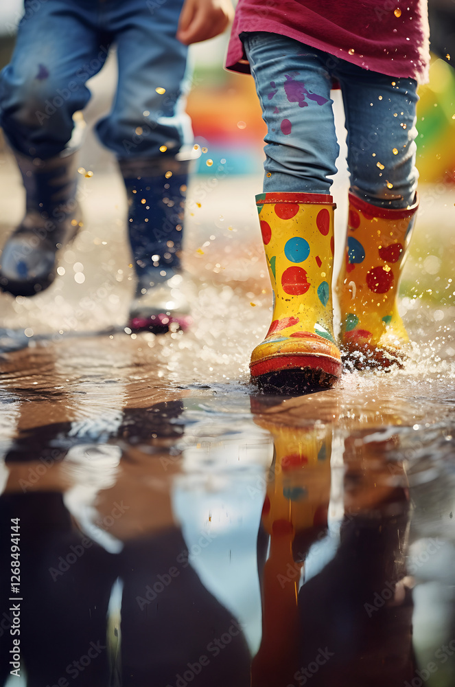 Children with colorful gum boots splashing water in muddy puddles. Focused on the legs. Concept of playfulness, enjoyment, creativity and freedom. Children with colorful gum boots splashing water in muddy puddles. Focused on the legs. Concept of playfulness, enjoyment, creativity and freedom.