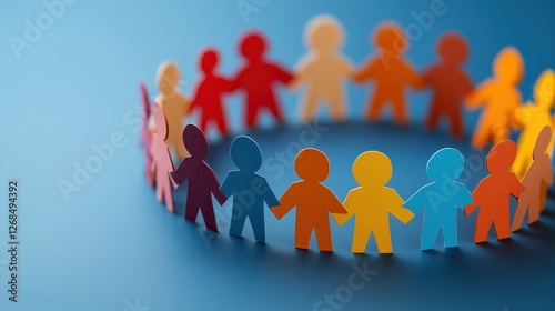 Colorful Paper Figures Holding Hands in Unity on Blue Background
