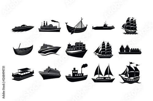 Set of black silhouette ship and boat icons including sailboats, cruise ships, fishing boats, steamboats, and submarines isolated on white background