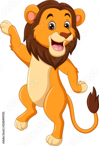 Illustration of a happy lion cartoon dancing