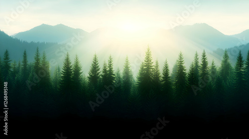 Sunrise Over a Dark Green Coniferous Forest and Misty Mountains