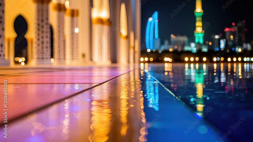 Obraz premium Mosque courtyard reflection, night cityscape