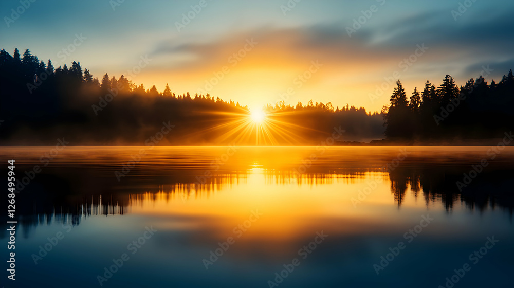Sunrise Over Calm Lake With Misty Forest Reflection Sunrise Over Calm Lake With Misty Forest Reflection