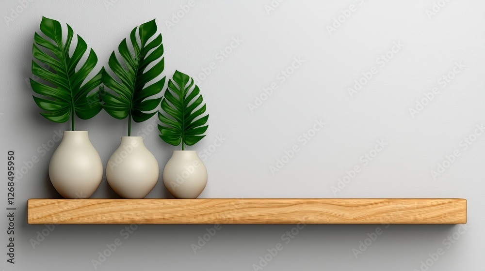 Minimalist shelf display featuring three vases with green leaves, enhancing a modern and natural aesthetic. Minimalist shelf display featuring three vases with green leaves, enhancing a modern and natural aesthetic.