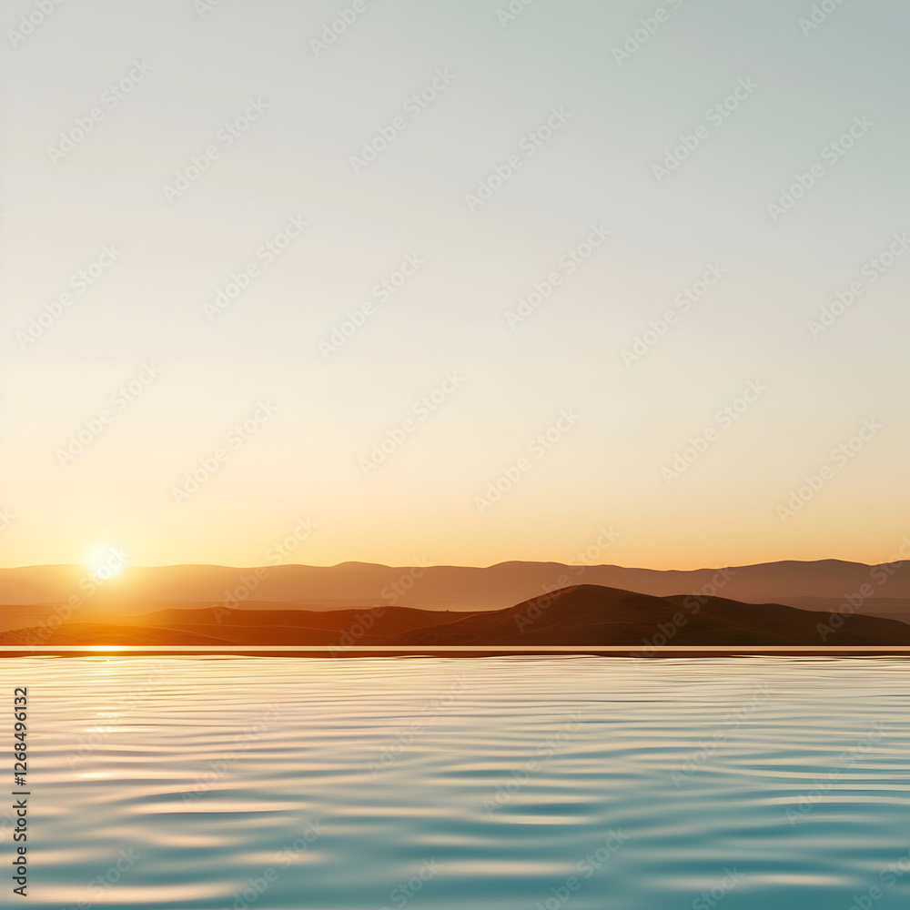 Naklejka premium Sunrise Over Calm Pool Water with Distant Hills