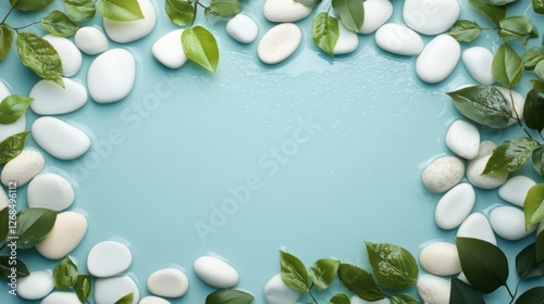 White pebbles arranged in the shape of an oval, with clear water and green leaves surrounding them. The background is a light blue, creating a tranquil atmosphere