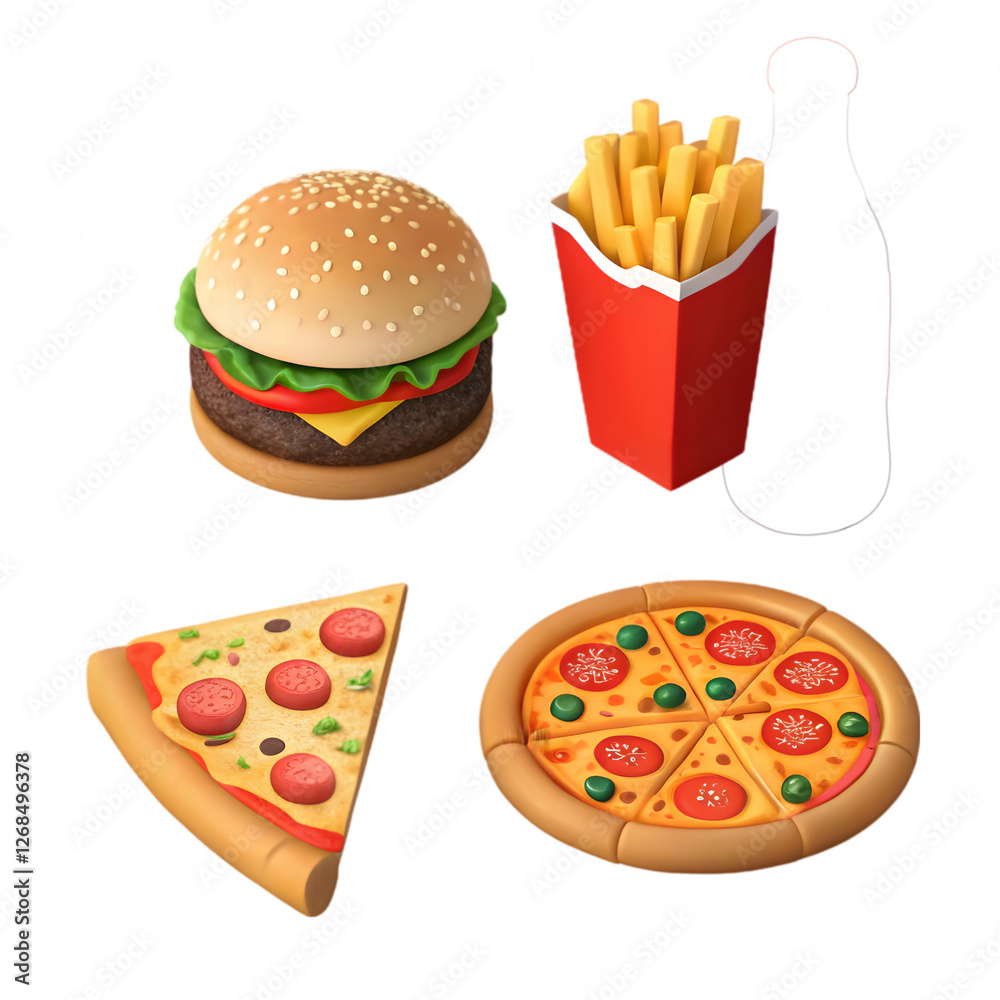Vector flat style icons set of fast food, junk food with long shadow. Hamburger, french fries, soda and slice of pizza. Vector flat style icons set of fast food, junk food with long shadow. Hamburger, french fries, soda and slice of pizza.