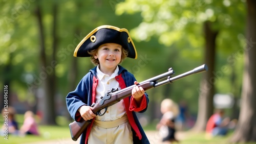 A child dressed as a revolutionary soldier in a park. Natural lighting highlights the playful and educational nature of the costume.