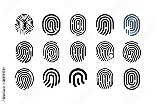 Set of fingerprint icons in black and white, biometric security symbols, digital identity recognition, forensic identification concepts, isolated on white background