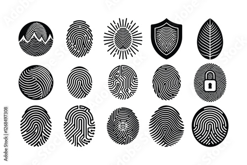 Set of fingerprint icons with unique patterns and security symbols, including shield, lock, and nature elements in black and white vector style