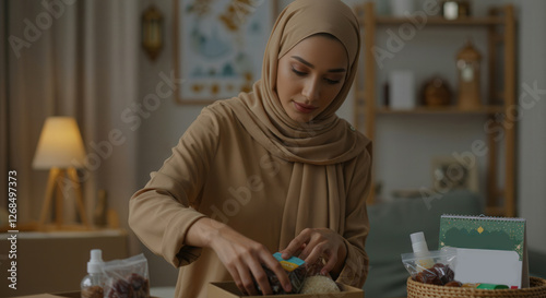 a woman organizes food gifts in a cozy and inviting space showcasing ramadan acts of kindness and thoughtful giving