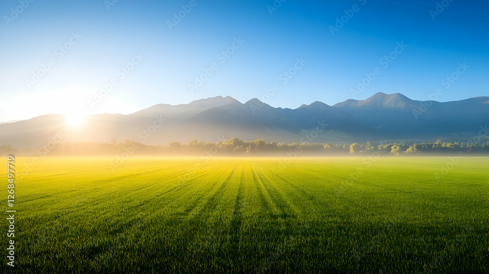 Naklejka premium Sunrise Over Lush Green Field and Misty Mountains