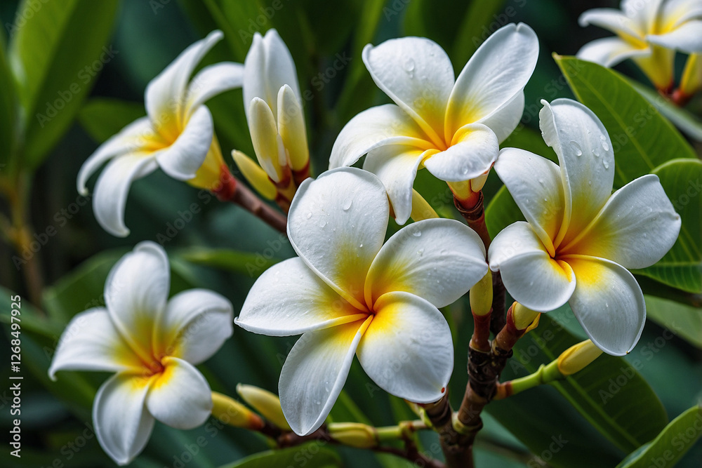 Obraz premium Beautiful blooming White plumeria with green backgrounds