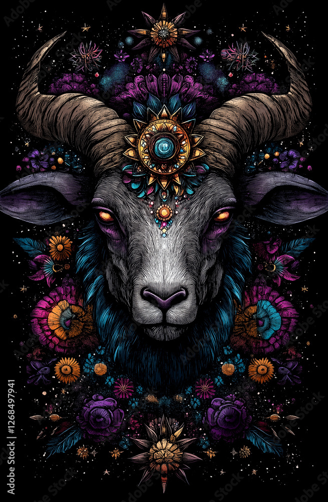 A colorful drawing of a goat with a flower crown on its head. The goat has a large horn and is surrounded by a variety of flowers and other decorations. Scene is whimsical and playful A colorful drawing of a goat with a flower crown on its head. The goat has a large horn and is surrounded by a variety of flowers and other decorations. Scene is whimsical and playful