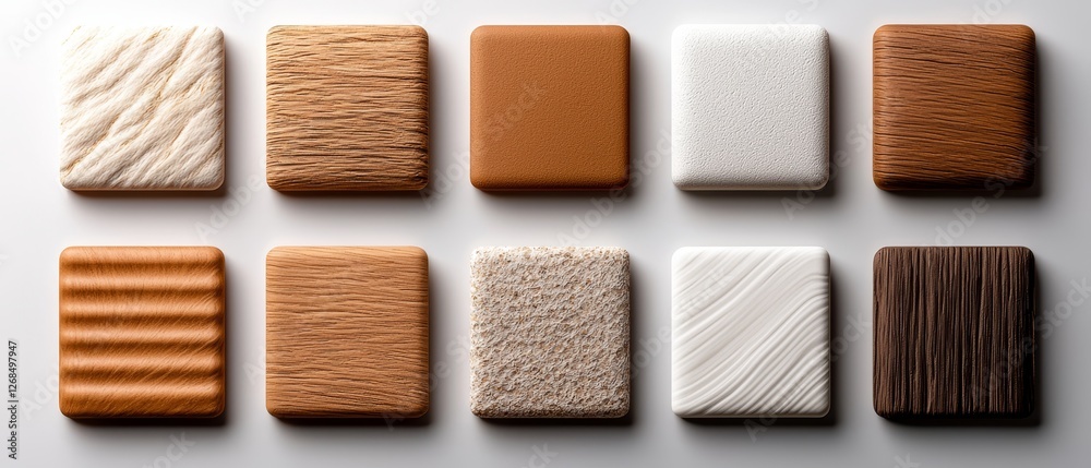 Fototapeta premium A collection of textured square tiles in various shades of brown and white, showcasing different wood patterns and finishes.