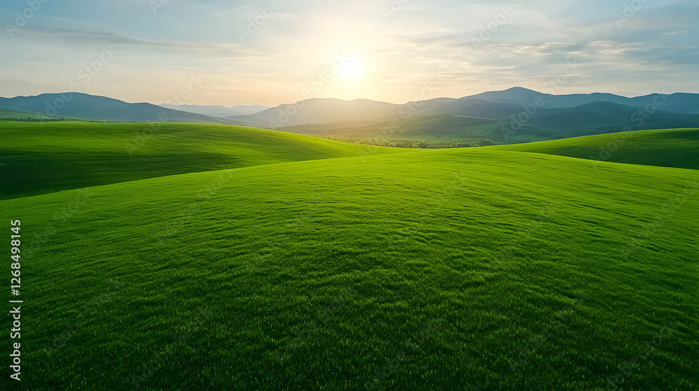 Naklejka premium Sunrise Over Lush Green Hills and Fields