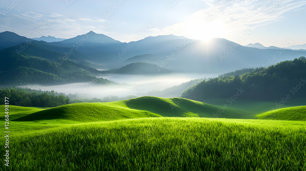 Obraz premium Sunrise Over Lush Green Hills and Misty Valley