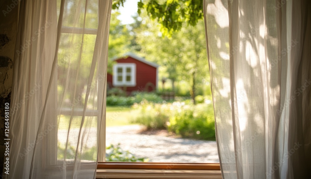 Summer Day through Sheer Curtains: A Glimpse of Tranquil Countryside Summer Day through Sheer Curtains: A Glimpse of Tranquil Countryside