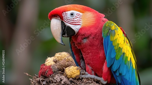 Colorful macaw eating fruit in a tropical setting. Possible use Stock photo for nature, wildlife, or animals photo
