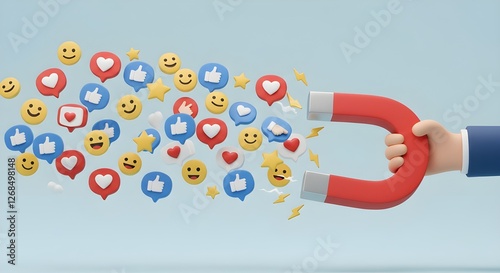 A 3D illustration of a hand holding a red magnet attracting social media icons like likes, hearts, stars, and emojis, symbolizing social media engagement, influence, and digital marketing