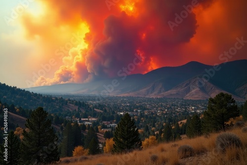 Dense wildfire smoke hovering over trees and housing, nevada landscape, davis fire, western wilderness