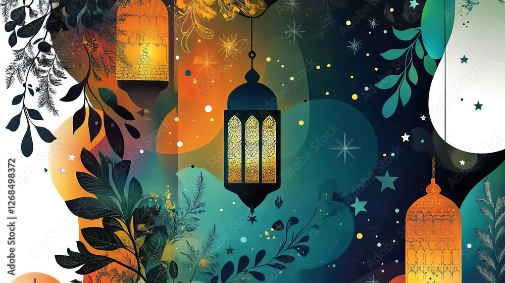 ramadan lantern art and islamic eid lantern illustration with arabic moroccan artwork in abstract colorful night sky design featuring festive hanging lanterns under stars
