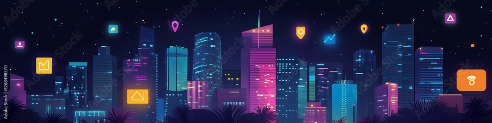 Fototapeta premium Neon Cityscape Illuminated at Night with Digital Icons