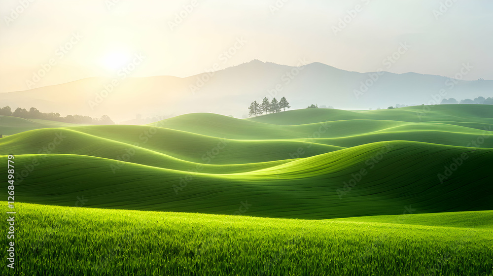 Naklejka premium Sunrise Over Lush Green Rolling Hills