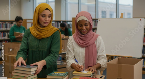 two women volunteer at a library sorting books for donation showcasing ramadan giving back and community support