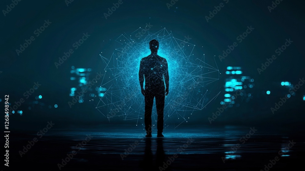 Fototapeta premium Silhouetted Man Connected to Digital Network in City at Night