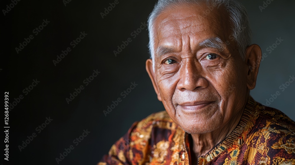 Obraz premium Elderly Man Smiling in Traditional Attire with Subtle Background Lighting