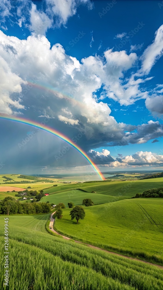 Fototapeta premium A rainbow is in the sky above a green field
