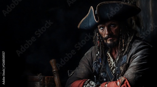 Brooding corsair portrait in dimly lit cabin with enigmatic expression