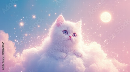 Fluffy white kitten resting on a cloud under a starry night sky.