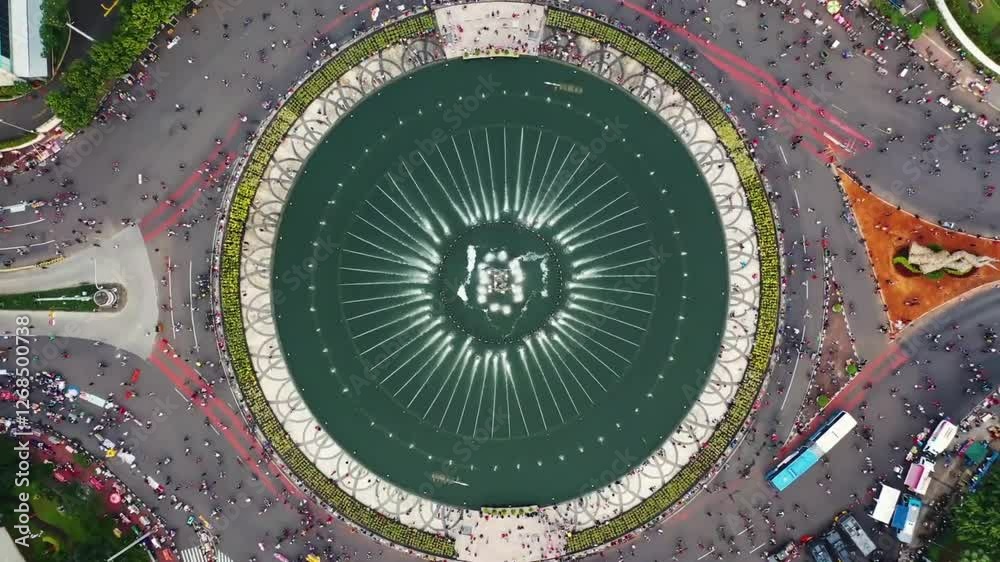 Aerial View of a Circular Fountain Surrounded by a Crowd in a City Square Aerial View of a Circular Fountain Surrounded by a Crowd in a City Square