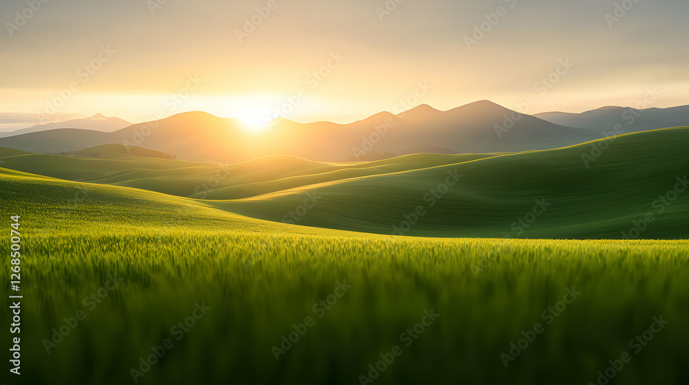 Sunrise Over Rolling Green Hills and Fields Sunrise Over Rolling Green Hills and Fields