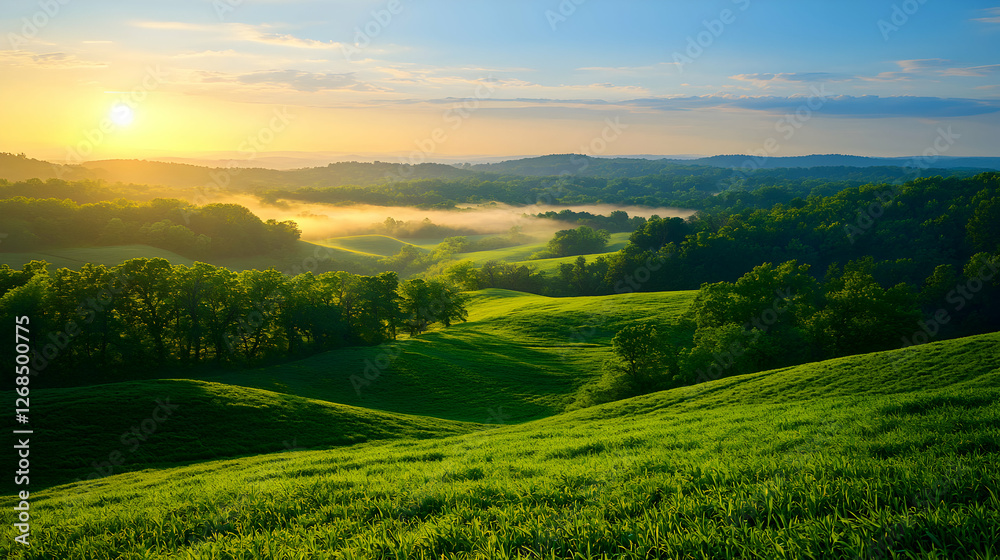 Fototapeta premium Sunrise Over Rolling Green Hills and Fields