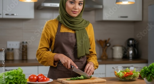 a woman prepares vegetables slicing cucumbers in her kitchen for iftar meal highlighting culinary skills and ramadan observance