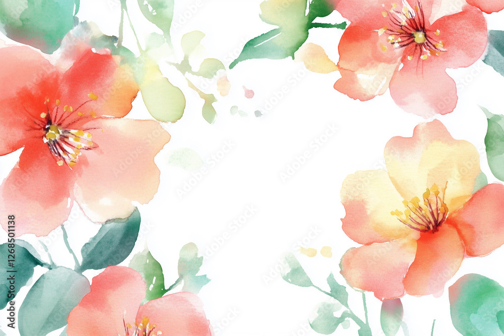 Fototapeta premium Watercolor illustration, bouquet of spring bright flowers. Red flowers and green leaves on a white background. Aquarelle sketch. Blurred paint stains. Copyspace.