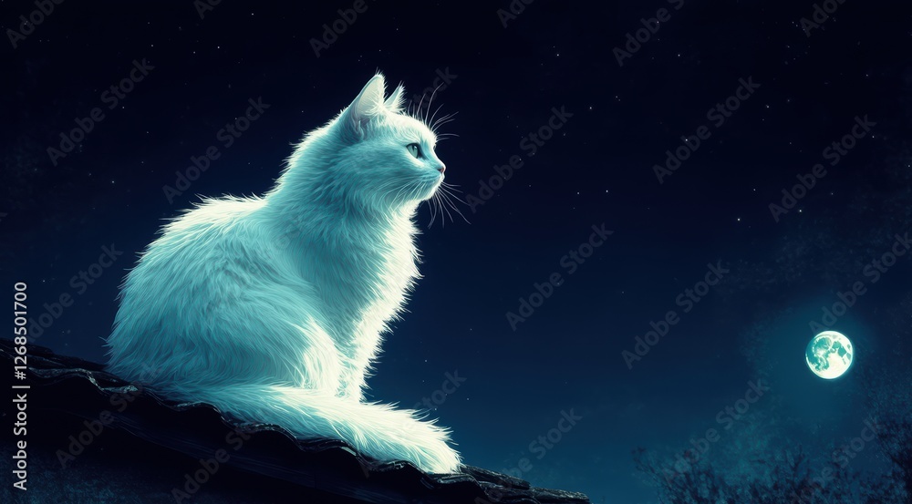 Fototapeta A serene white cat gazing at the moonlit sky.
