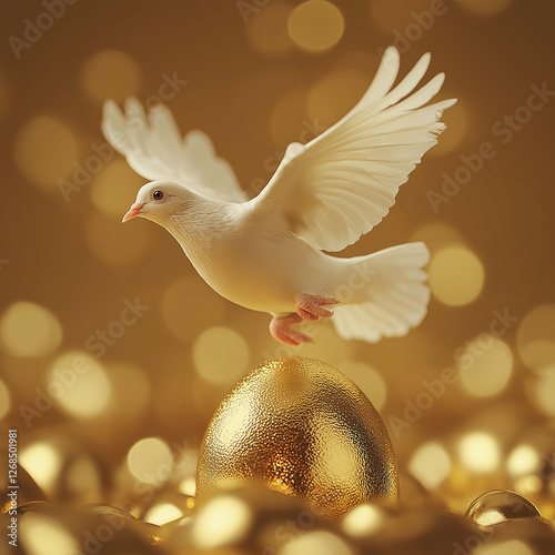 white dove gracefully flying above golden egg, surrounded by shimmering golden spheres, creating magical and festive atmosphere
