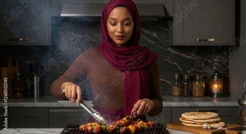 A woman in a burgundy hijab and brown top grills skewers of meat and vegetables smoke rises from the grill flatbreads and garlic are nearby