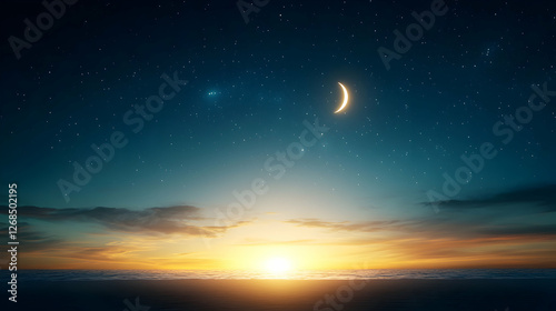 Sunset and Crescent Moon Night Sky