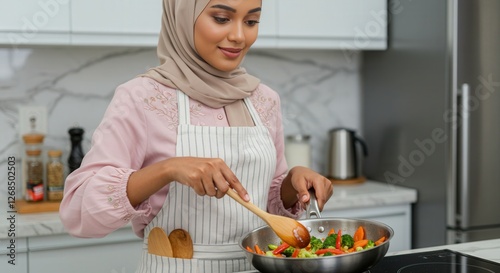 A woman stirs a pan of colorful vegetables with a wooden spoon she wears a pink blouse and beige hijab and apron