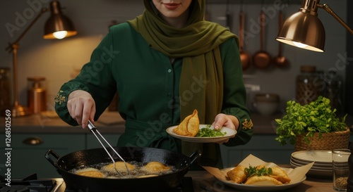 A person in a green outfit and headscarf is frying a golden brown pastry in a pan and holding a plate garnished with herbs