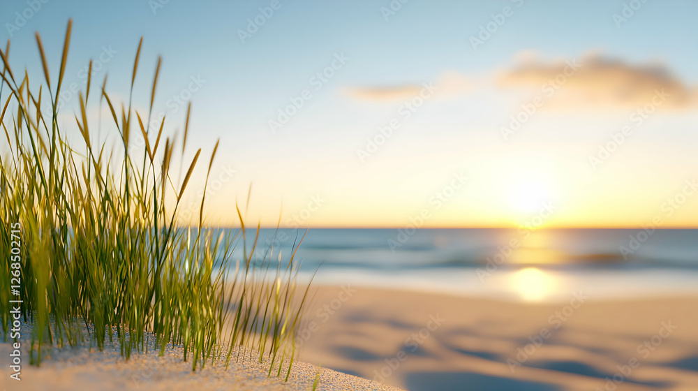 Sunset Beach Scene with Green Grass and Golden Light
